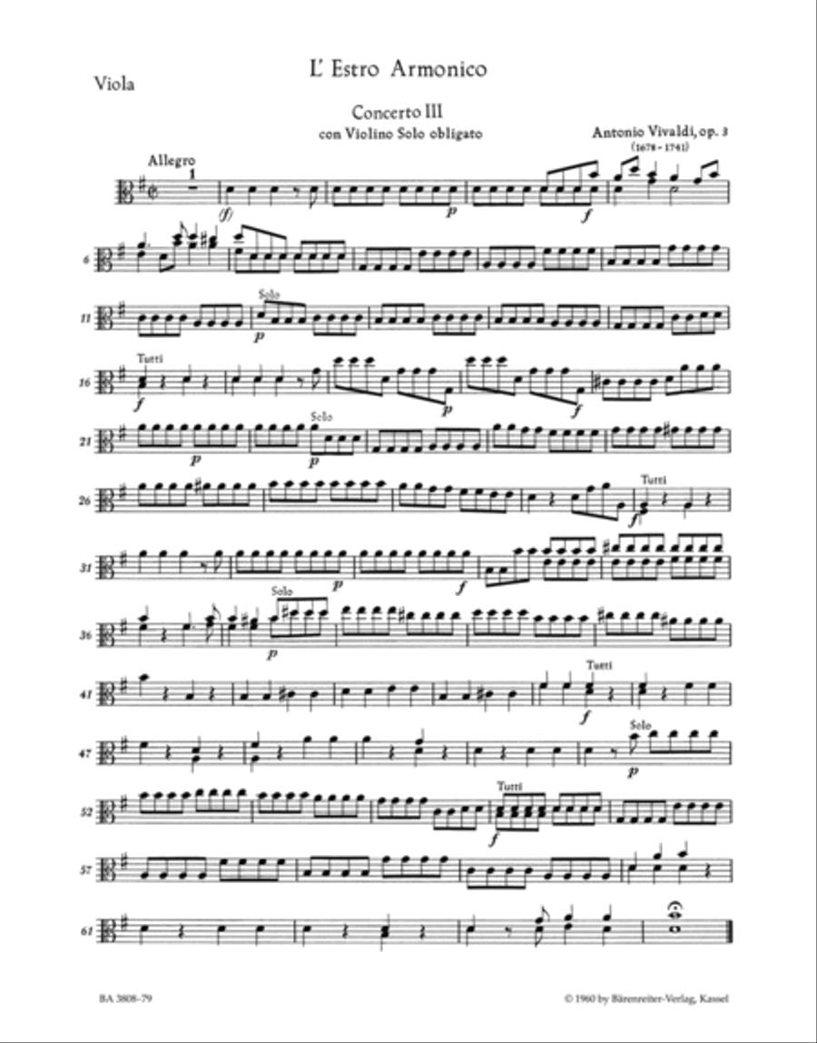 Concerto III G major RV 310 by Antonio Vivaldi Viola - Sheet Music