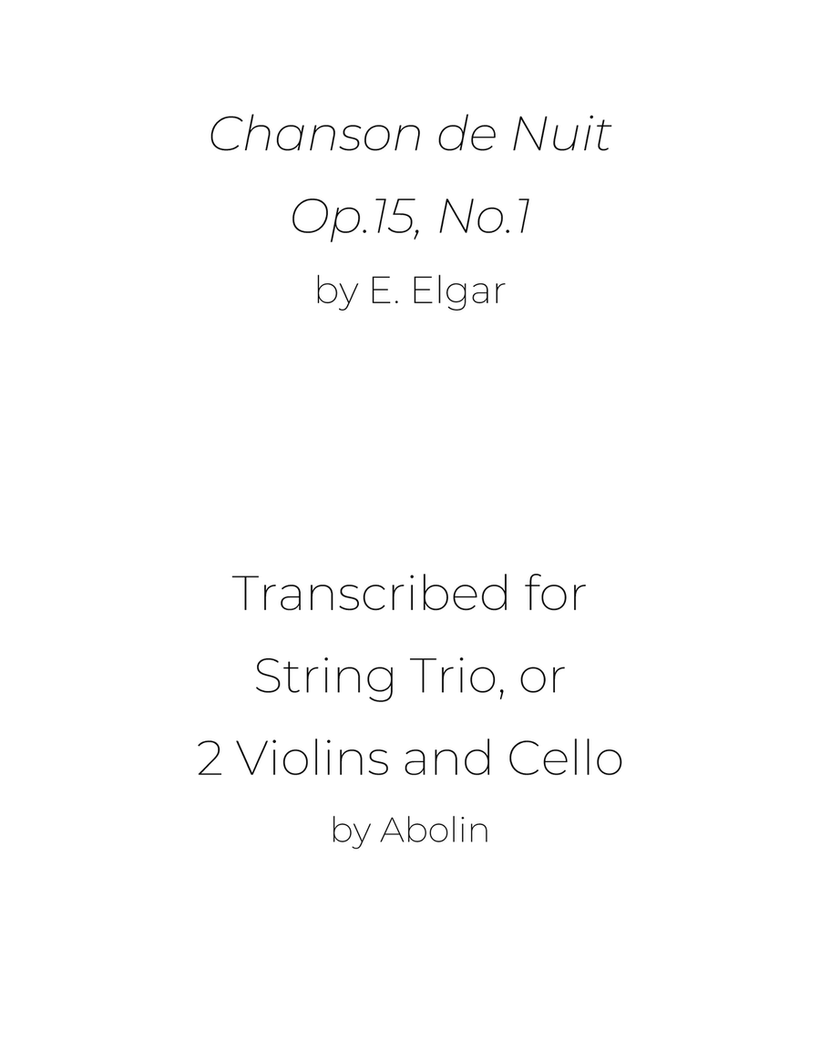 Elgar: Chanson de Nuit - String Trio, or 2 Violins and Cello String Trio scores gallery preview page 1