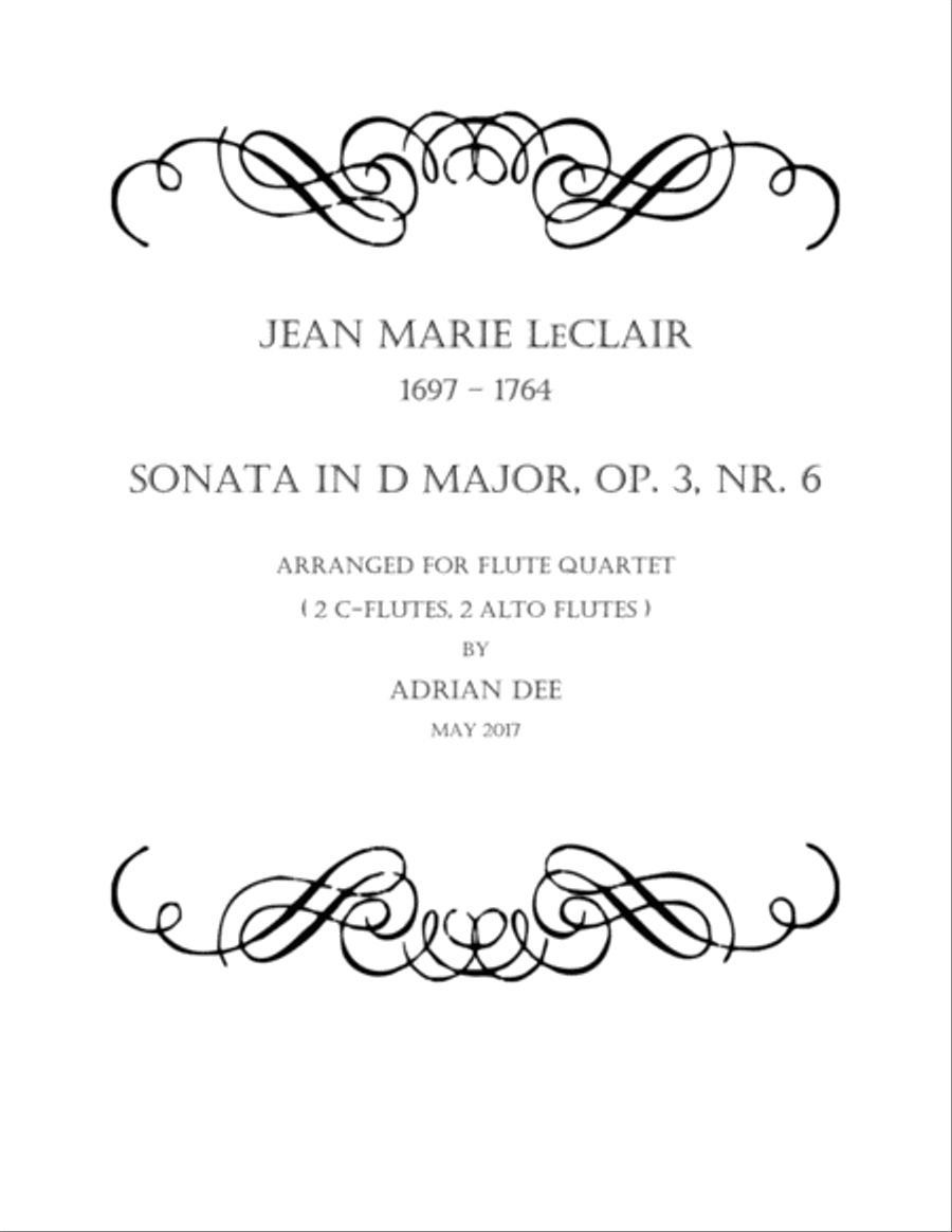 Sonata in D Major, Op 3 Nr 6, arr. Flute Quartet Flute Quartet scores gallery preview page 1