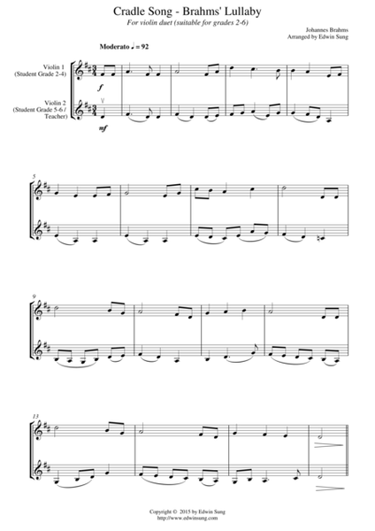 Cradle Song - Brahms’ Lullaby (for violin duet, suitable for grades 2-6) image number null