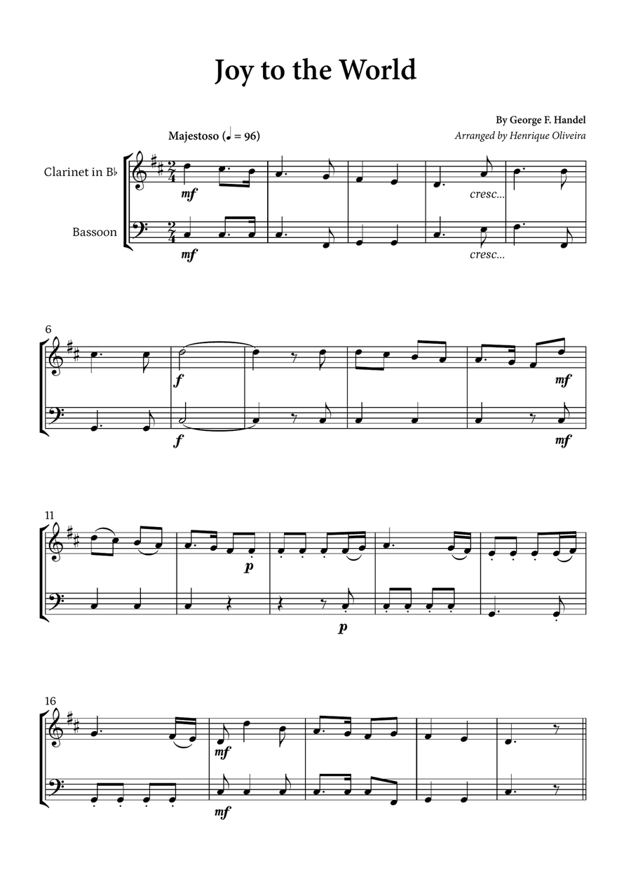 Joy to the World (Clarinet and Bassoon) - Christmas Carol Woodwind Duet scores gallery preview page 1