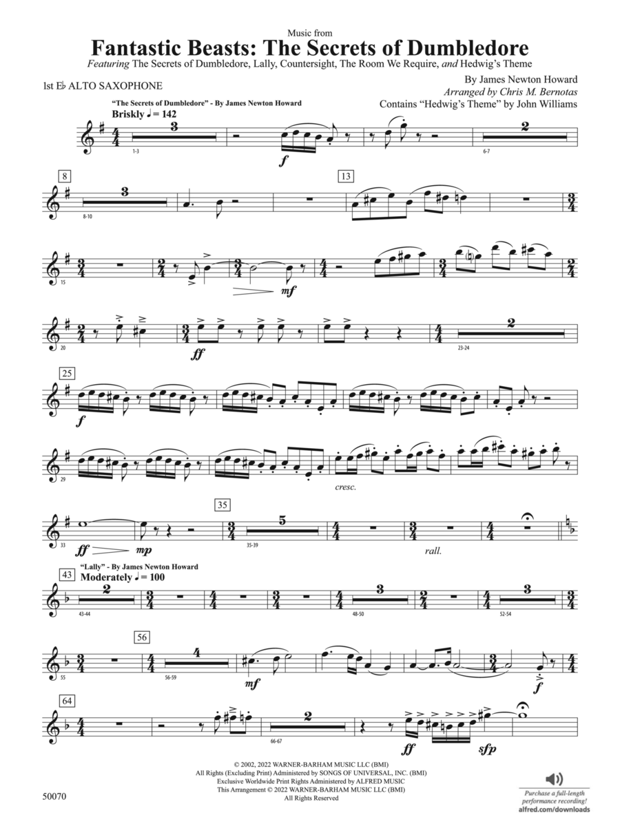 Fantastic Beasts: The Secrets of Dumbledore: E-flat Alto Saxophone Concert Band scores gallery preview page 1