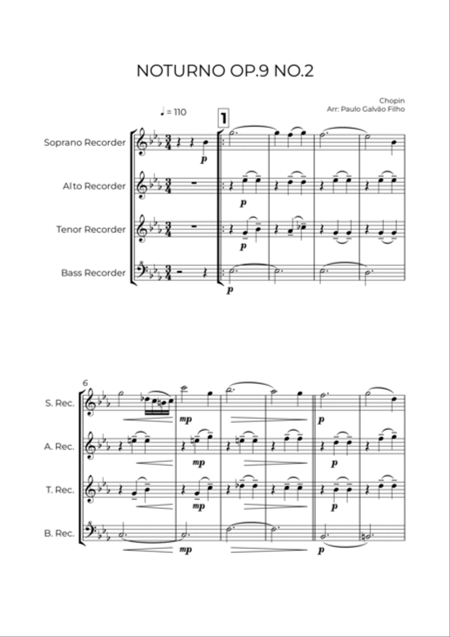 NOTURNO OP.9 NO.2 - CHOPIN – RECORDER QUARTET Woodwind Ensemble scores gallery preview page 2