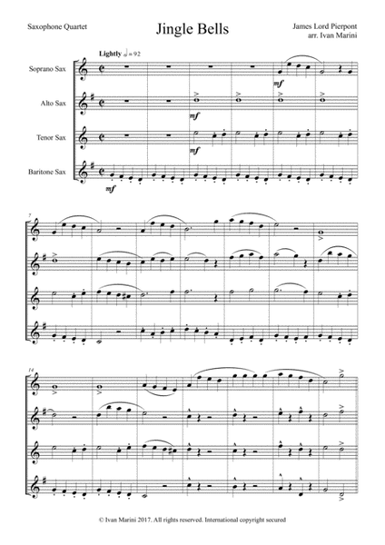 JINGLE BELLS by James Pierpont - for Saxophone Quartet image number null