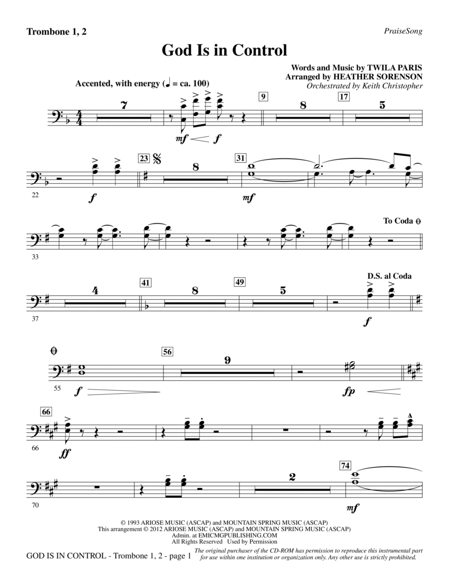 God Is In Control (arr. Heather Sorenson) - Trombone 1 & 2 Choir scores gallery preview page 1
