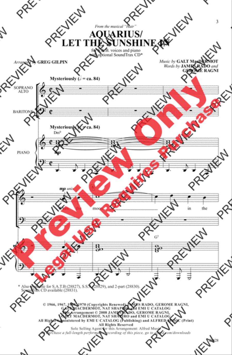 Aquarius / Let the Sunshine In 3-Part scores gallery preview page 2