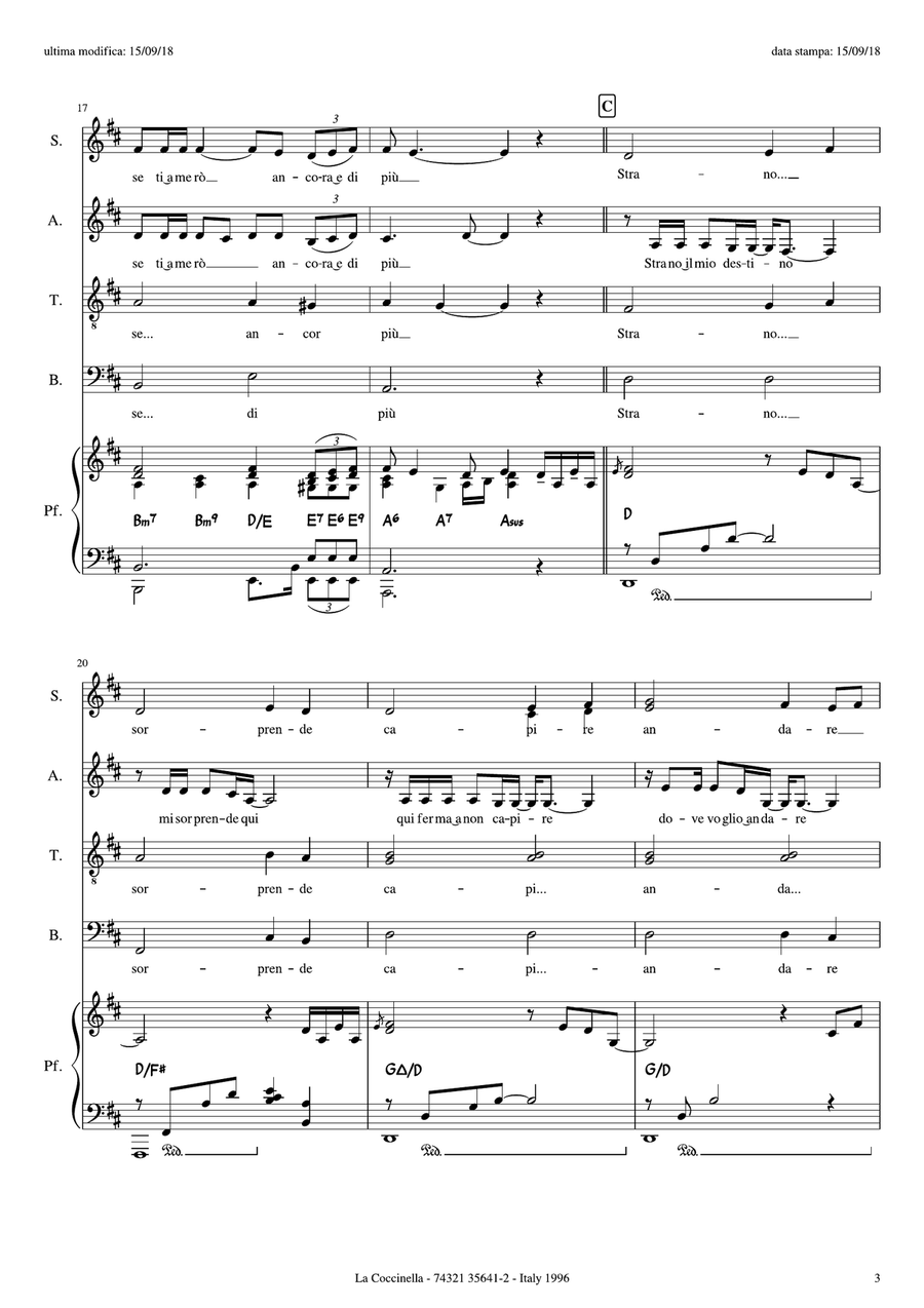 Strano il mio Destino for SATB + Piano (complete score + piano acc. + piano rehearsal + text and tra 4-Part scores gallery preview page 4