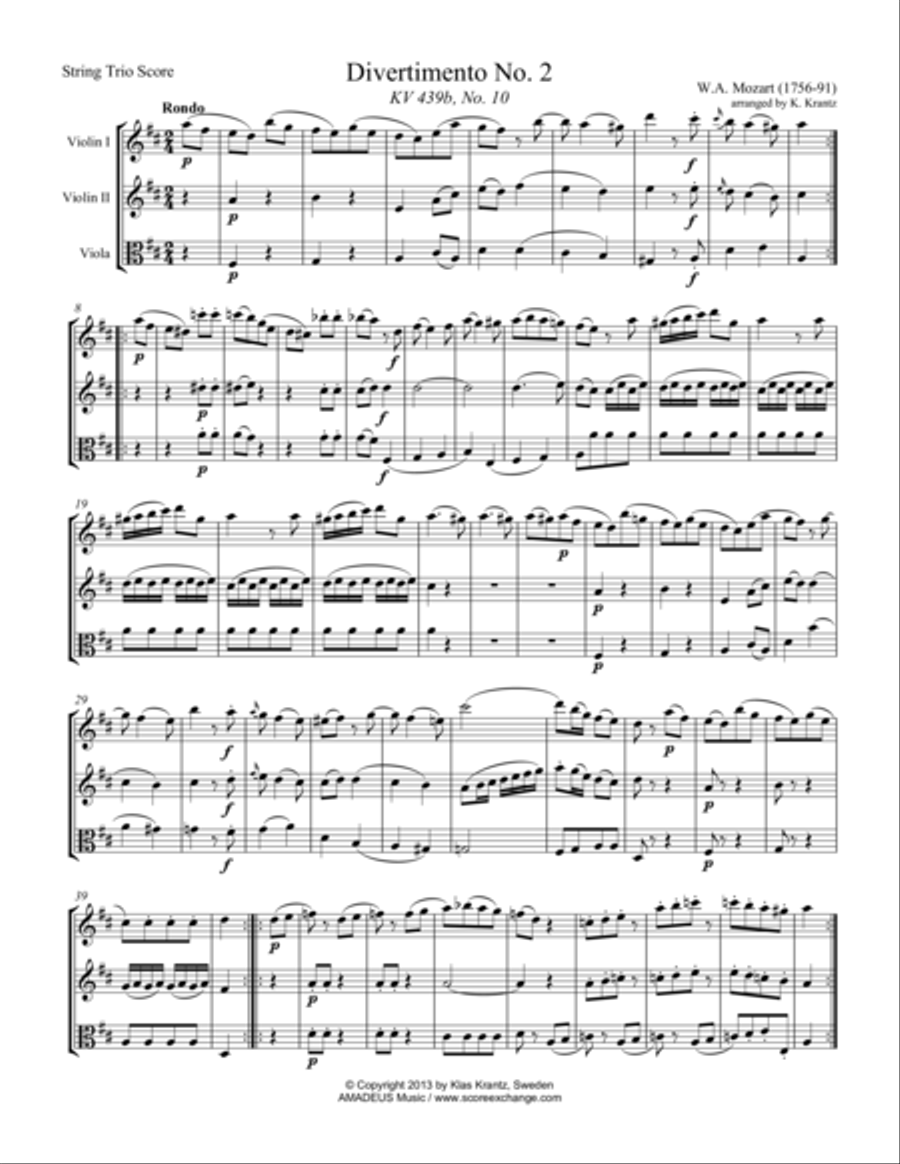 Rondo from Divertimento No. 2, KV 439b for string trio (vln 1, vln 2, vla) String Trio scores gallery preview page 1