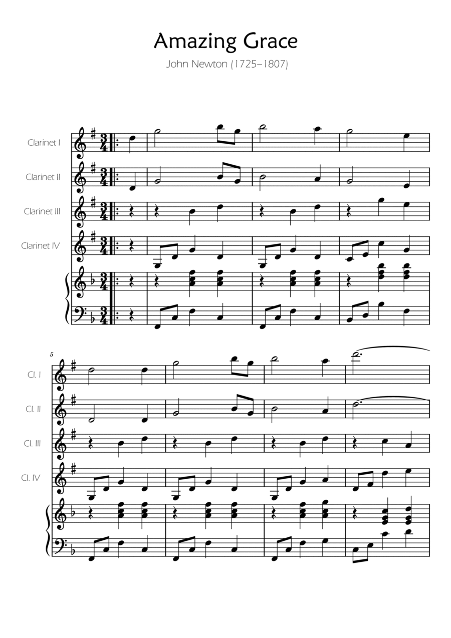 Amazing Grace - Clarinet Quartet w/ Piano Accompaniment Woodwind Ensemble scores gallery preview page 1