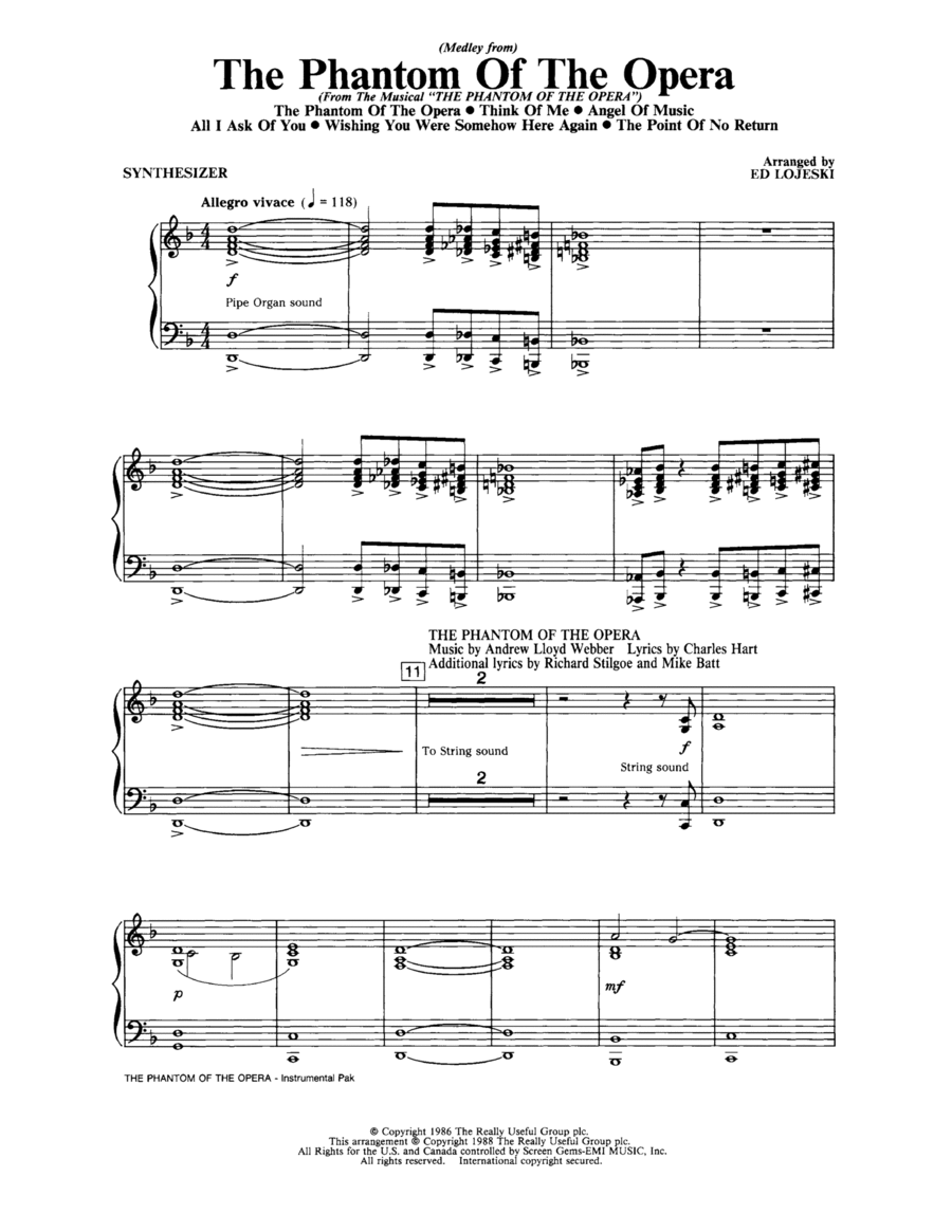 The Phantom Of The Opera (Medley) (arr. Ed Lojeski) - Synthesizer Choir scores gallery preview page 1