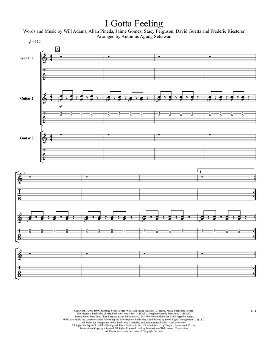 I Gotta Feeling Guitar Ensemble scores gallery preview page 1