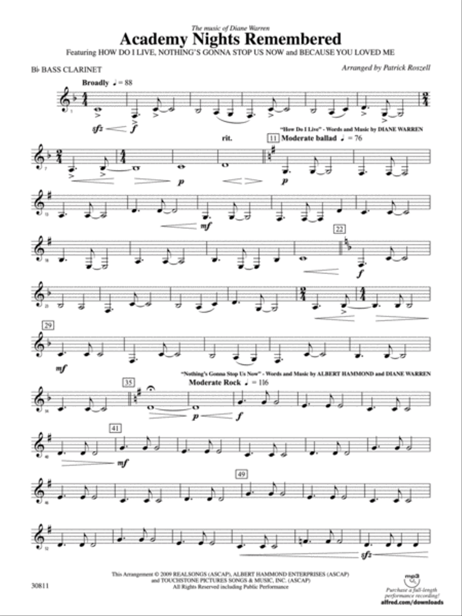 Academy Nights Remembered (The Music of Diane Warren): B-flat Bass Clarinet Concert Band scores gallery preview page 1