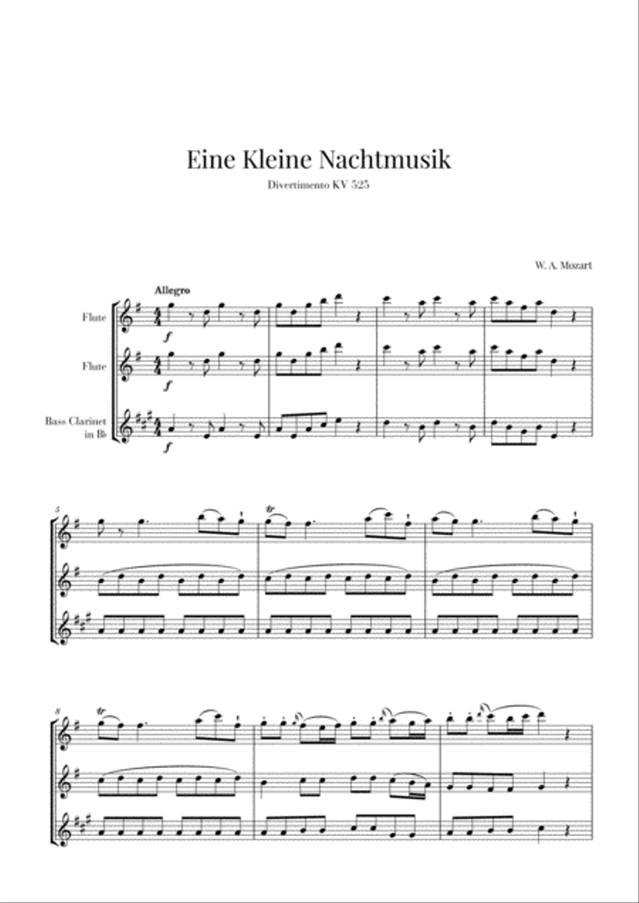 Eine Kleine Nachtmusik for 2 Flutes and Bass Clarinet Woodwind Trio scores gallery preview page 1