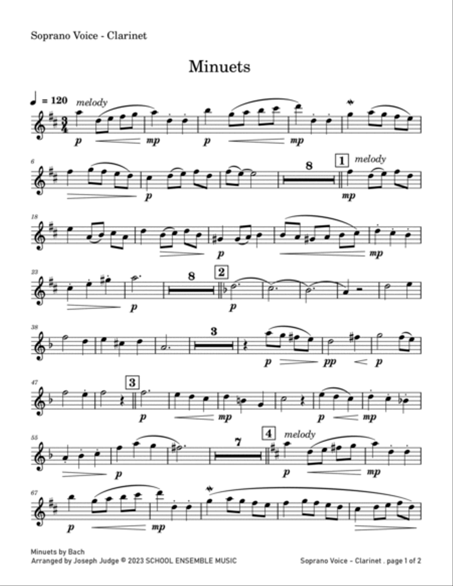 Minuets by Bach for Clarinet Quartet in Schools Clarinet Quartet scores gallery preview page 5