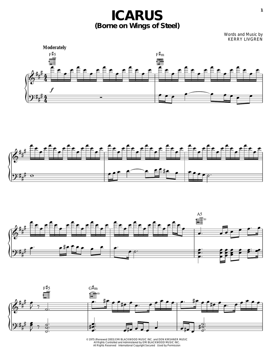 Icarus (Borne On Wings Of Steel) Piano, Vocal, Guitar scores gallery preview page 1