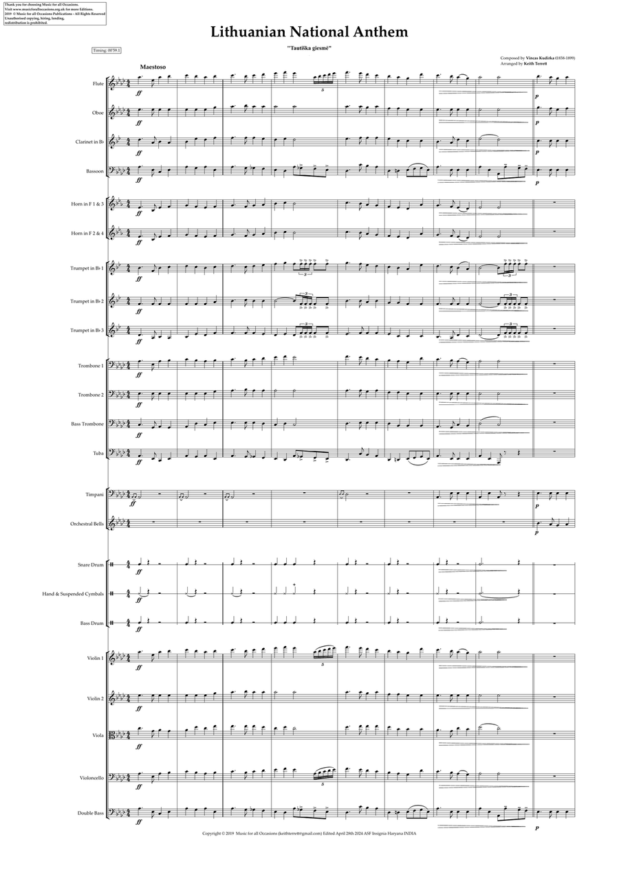 Lithuanian National Anthem for Symphony Orchestra (L'orchestre national d'Île de France Edition) Full Orchestra scores gallery preview page 2