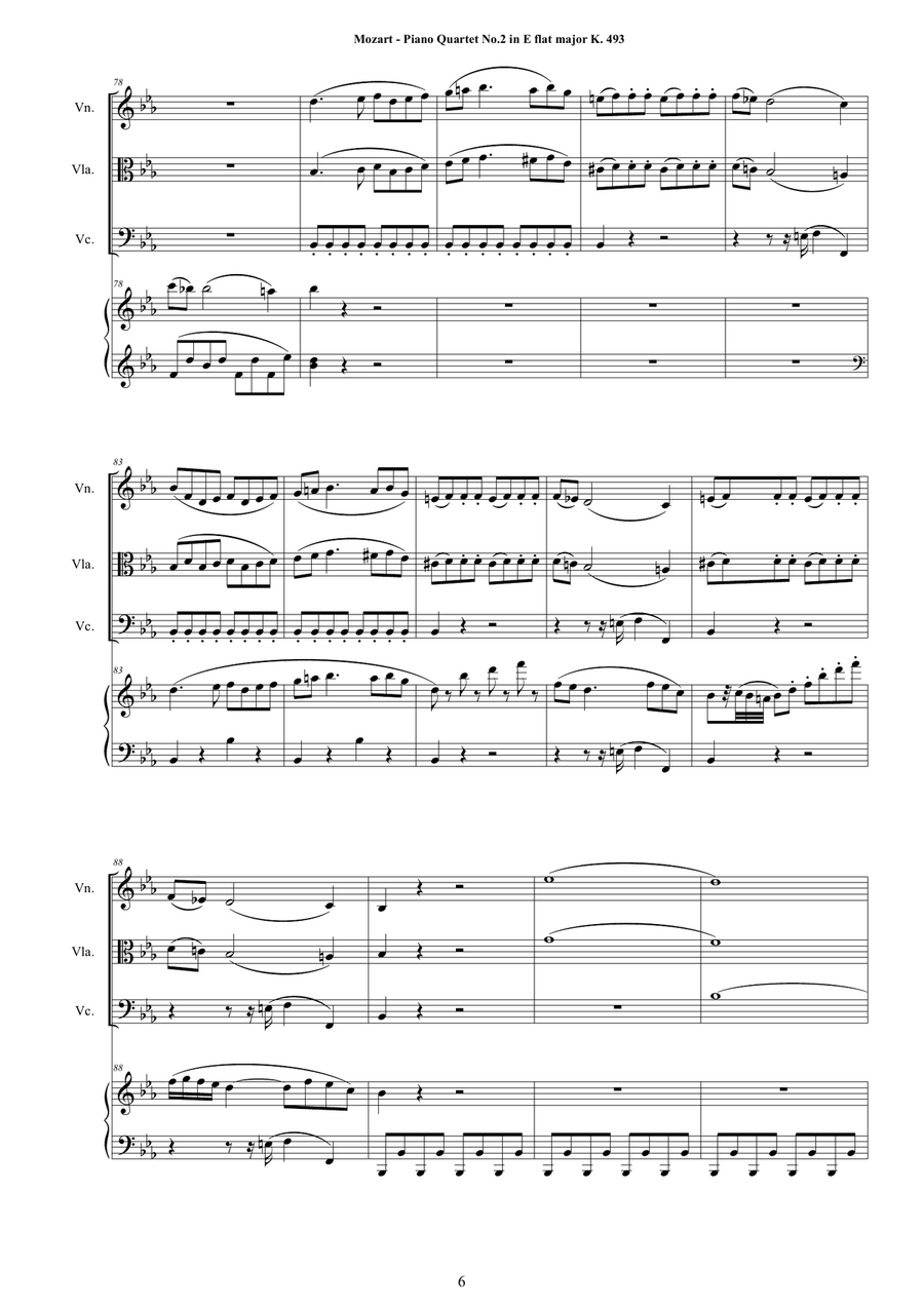 Mozart - Piano Quartet No.2 in E flat K 493 for Violin,Viola, Cello and Piano - Score and Parts image number null