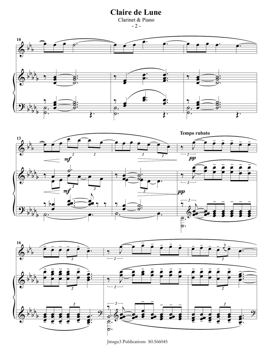 Debussy: Clair de Lune for Clarinet & Piano B-Flat Clarinet scores gallery preview page 2