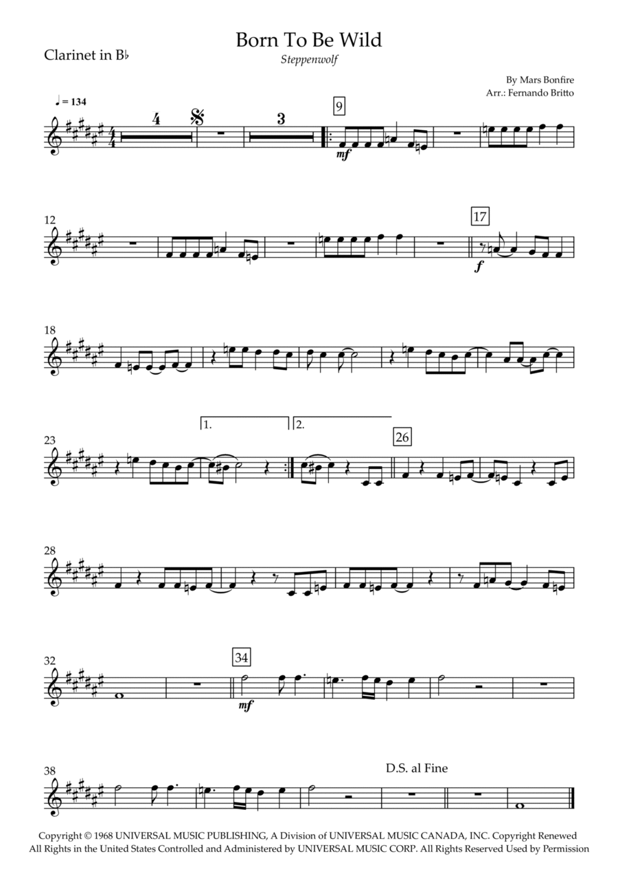 Born To Be Wild Clarinet Solo scores gallery preview page 1