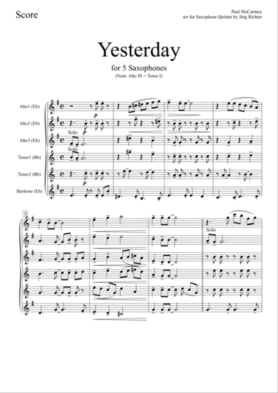 Yesterday Saxophone Quintet scores gallery preview page 2