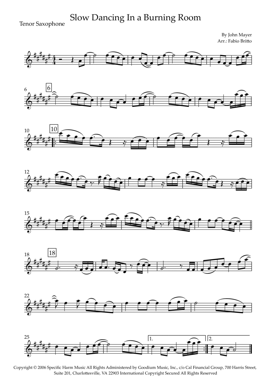 Slow Dancing In A Burning Room Tenor Saxophone scores gallery preview page 1