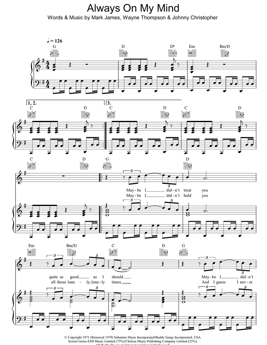 Always On My Mind Piano, Vocal, Guitar scores gallery preview page 1