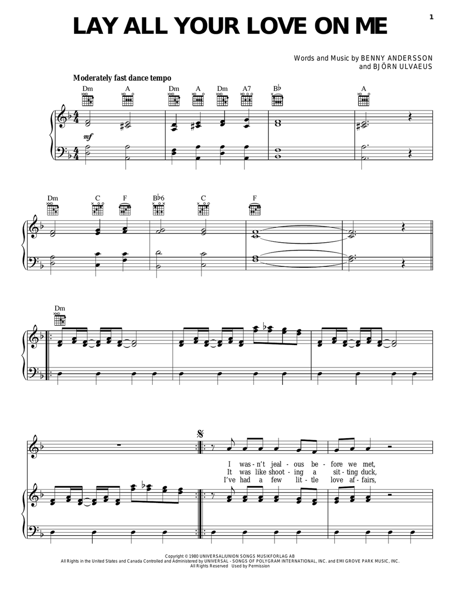 Lay All Your Love On Me Piano, Vocal, Guitar scores gallery preview page 1