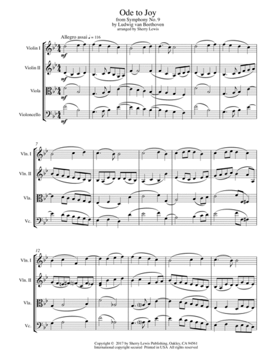 ODE TO JOY, Beethoven, String Quartet, Intermediate Level for 2 violins, viola and cello image number null