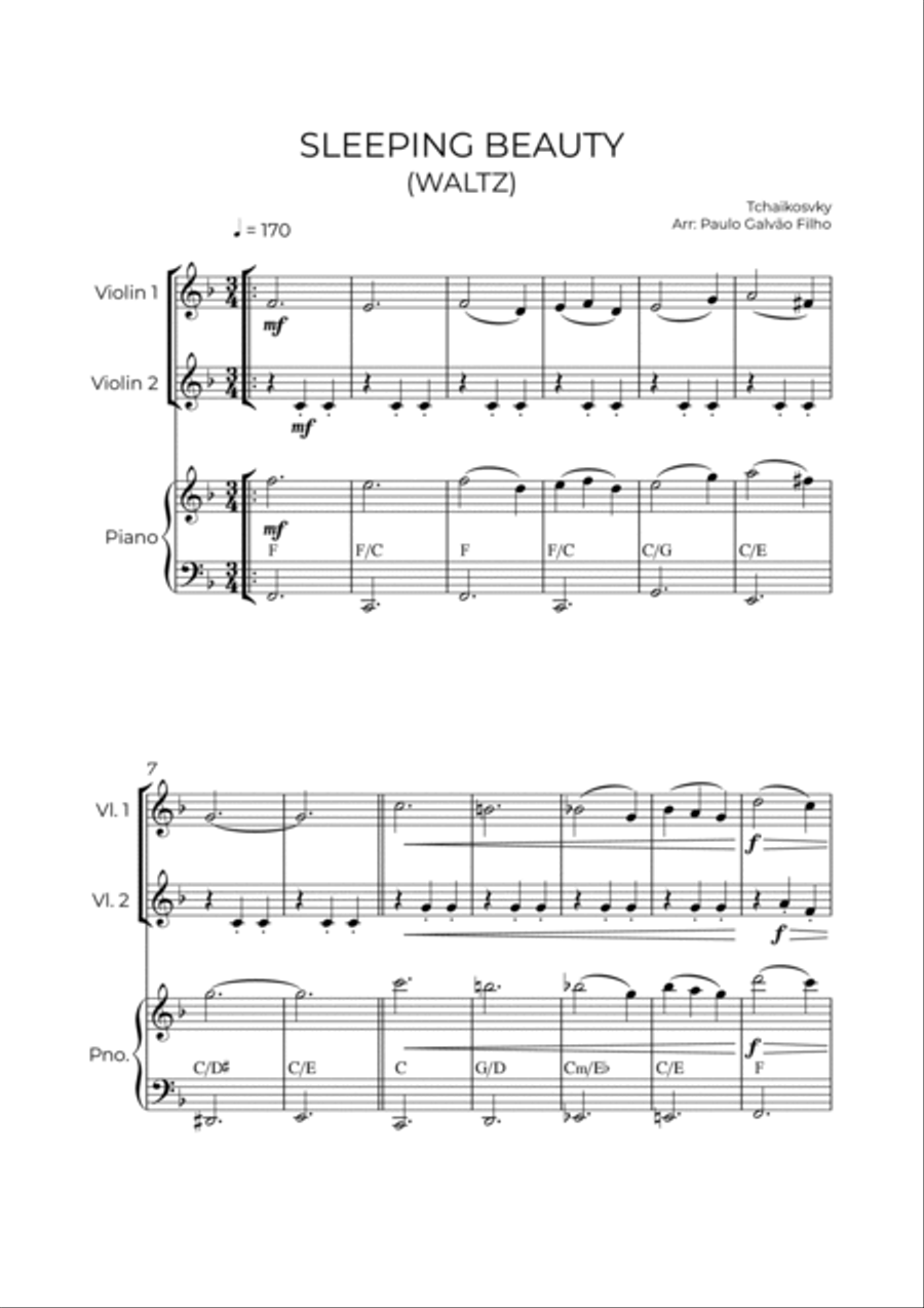SLEEPING BEATY WALTZ - TCHAIKOVSKY - STRING PIANO TRIO (VIOLIN 1, VIOLIN 2 & PIANO) Piano Trio scores gallery preview page 2