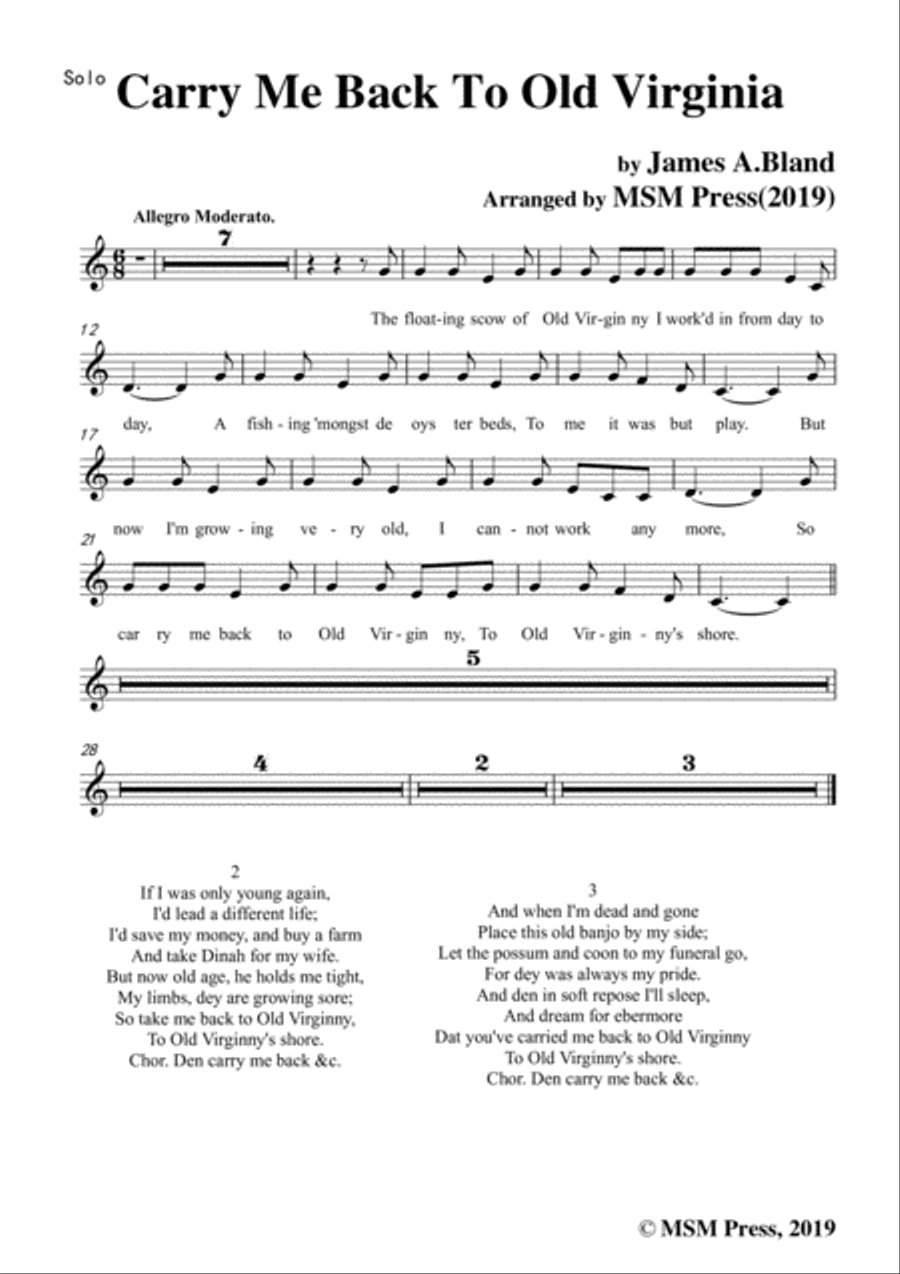 James A. Bland-Carry Me Back To Old Virginny,in C Major,for Voice &Pno Voice scores gallery preview page 6