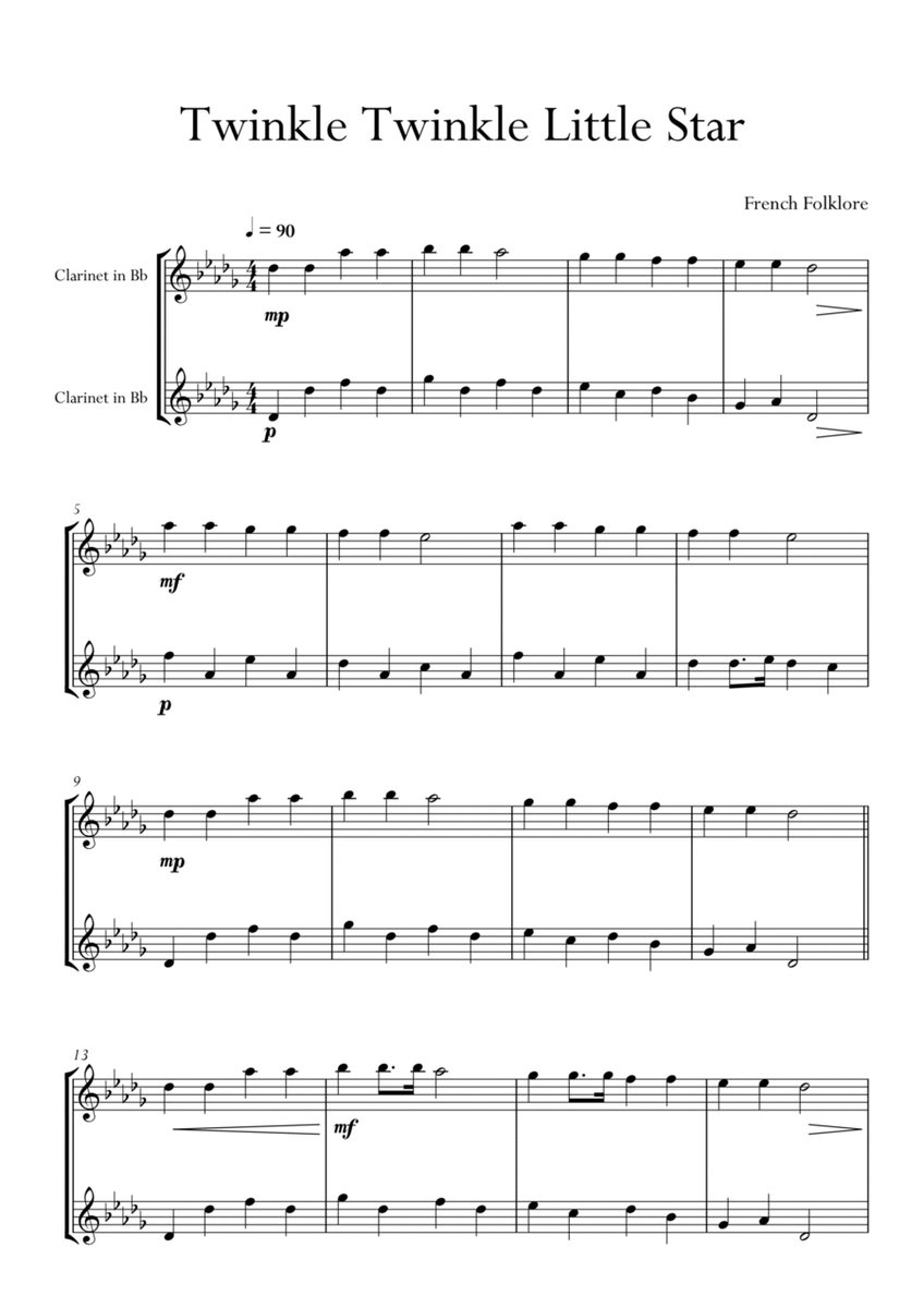 Twinkle Twinkle Little Star in B Major for Clarinet Duo. Easy version. image number null