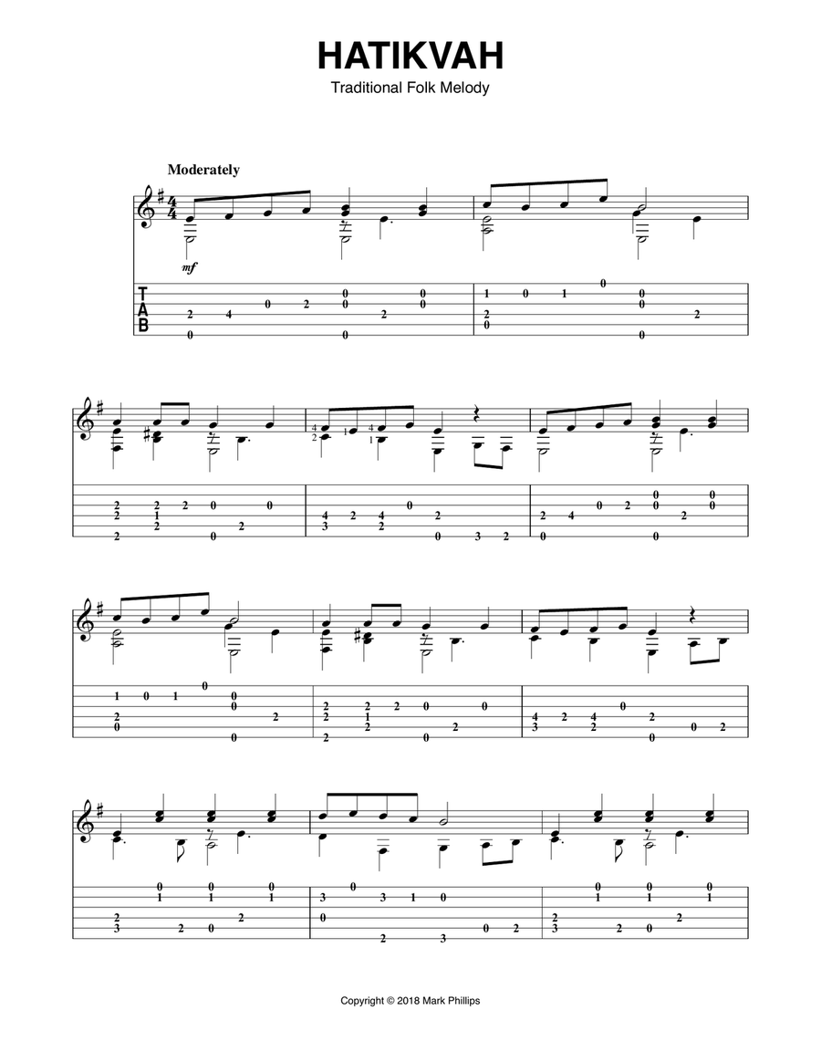 Hatikvah Guitar Tablature scores gallery preview page 1