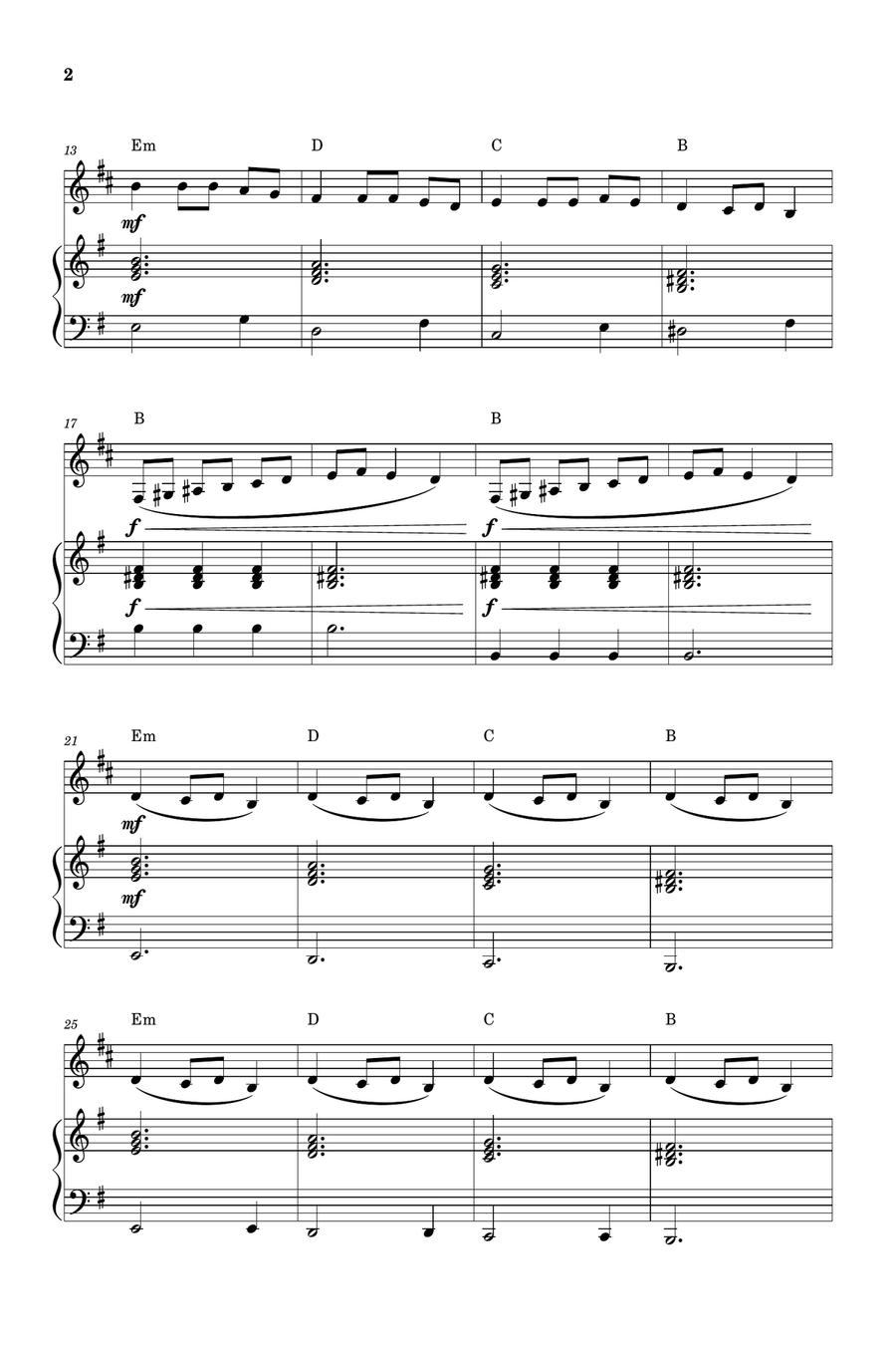 Carol of the Bells for French Horn and Piano (Very Easy - Beginner) in E minor - With Chords Piano scores gallery preview page 2