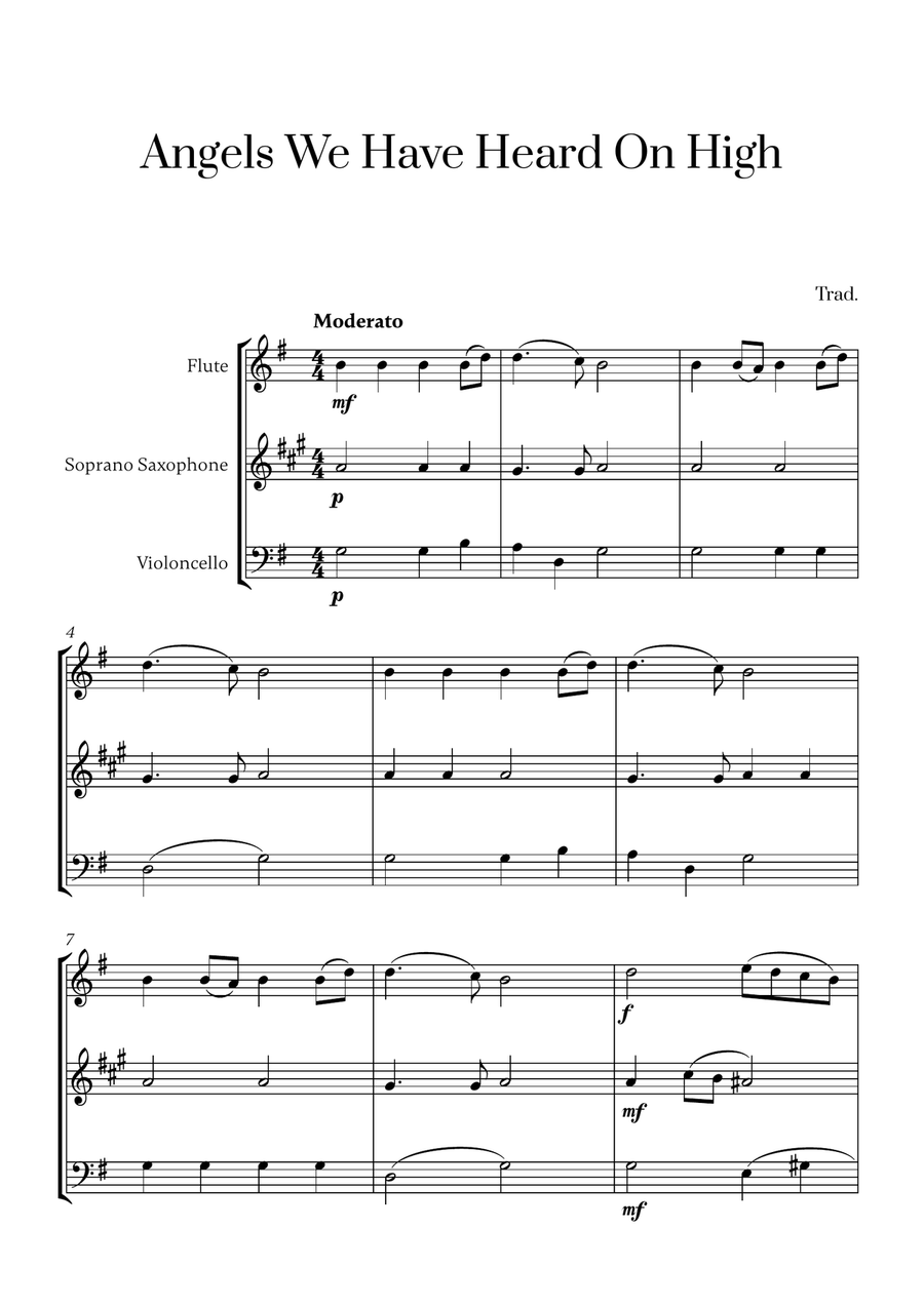 Angels We Have Heard On High (for Flute, Soprano Saxophone and Cello) Small Ensemble scores gallery preview page 1