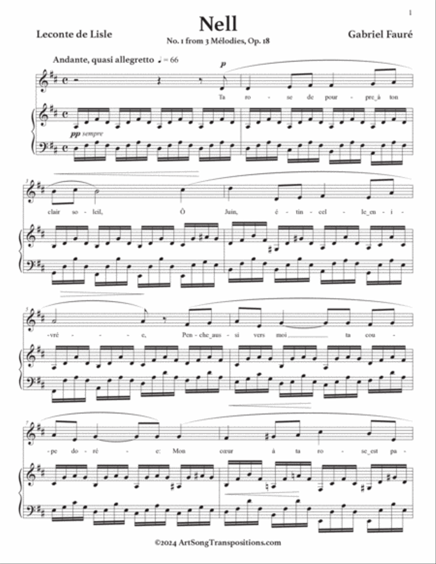 FAURÉ: Nell, Op. 18 no. 1 (transposed to D major) Piano, Vocal scores gallery preview page 2