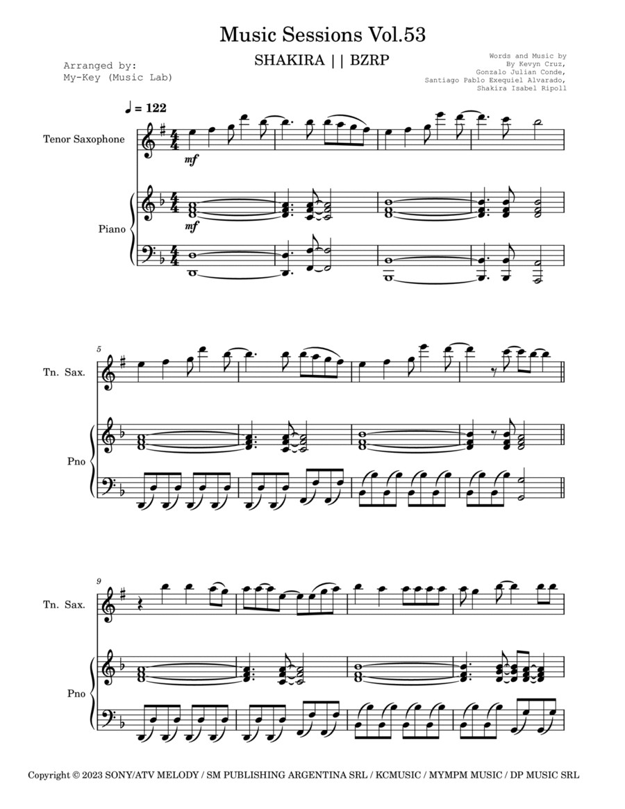 Shakira: Bzrp Music Sessions Vol. 53 Tenor Saxophone scores gallery preview page 1