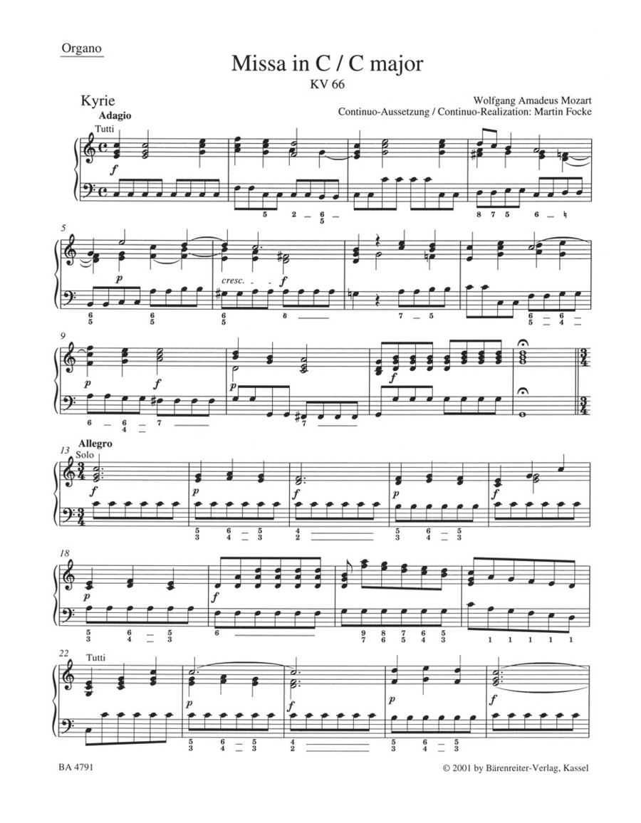 Missa C major, KV 66 'Dominicus Mass' Organ scores gallery preview page 1