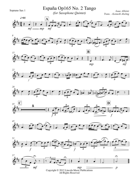 Albeniz - Espana Op.165 No. 2 Tango (for Saxophone Quintet SATTB or AATTB) image number null