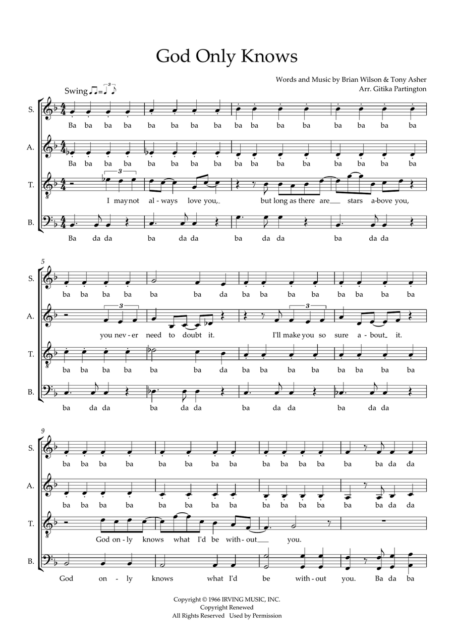 God Only Knows (arr. Gitika Partington) 4-Part scores gallery preview page 1