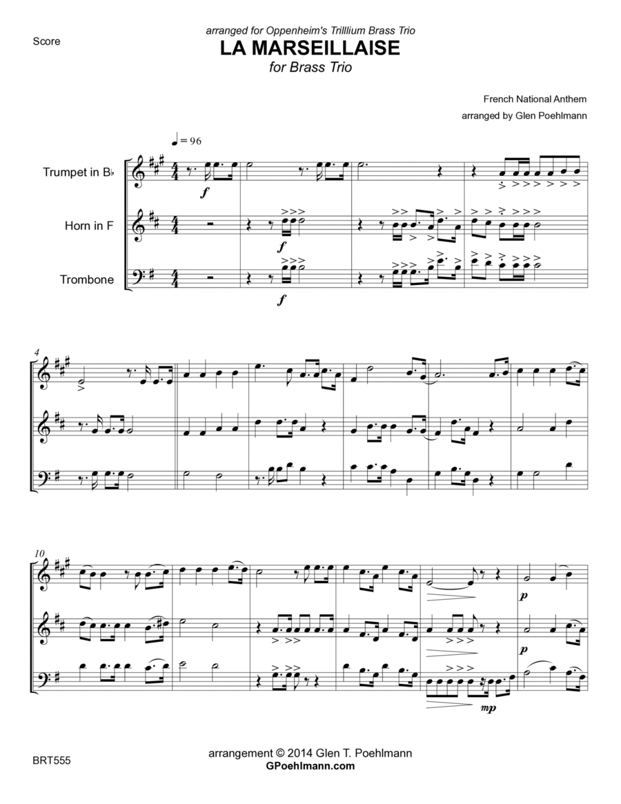 LA MARSEILLAISE (National Anthem of France) - BRASS TRIO (unaccompanied) Brass Trio scores gallery preview page 1