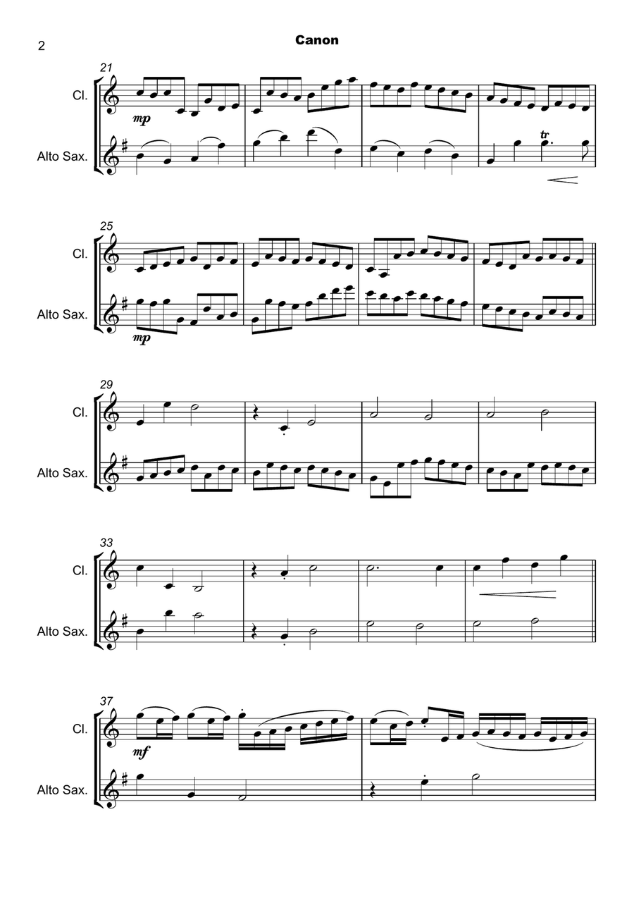 Pachelbel's Canon, Clarinet and Alto Saxophone Duet (with optional bass part) Woodwind Duet scores gallery preview page 3