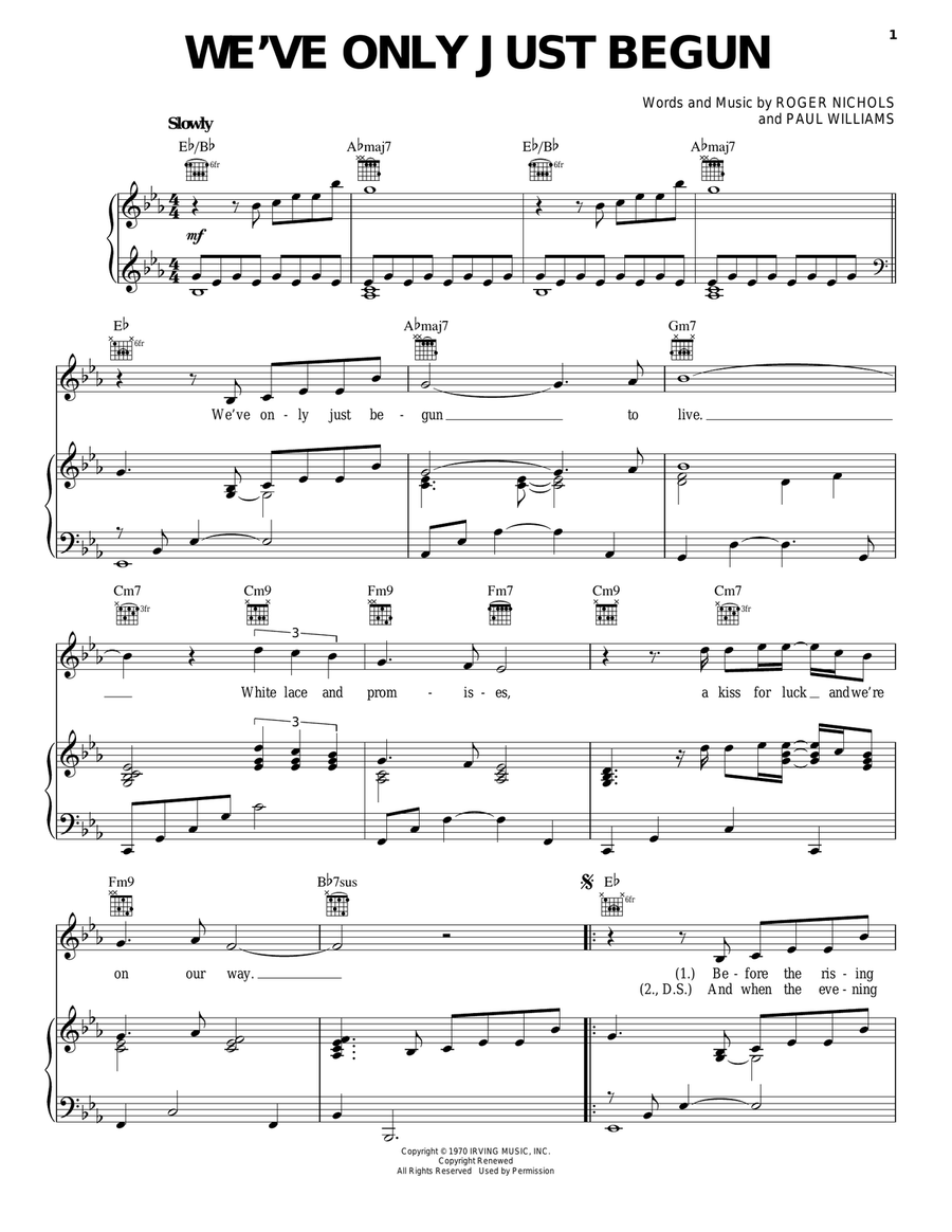We've Only Just Begun Piano, Vocal, Guitar scores gallery preview page 1