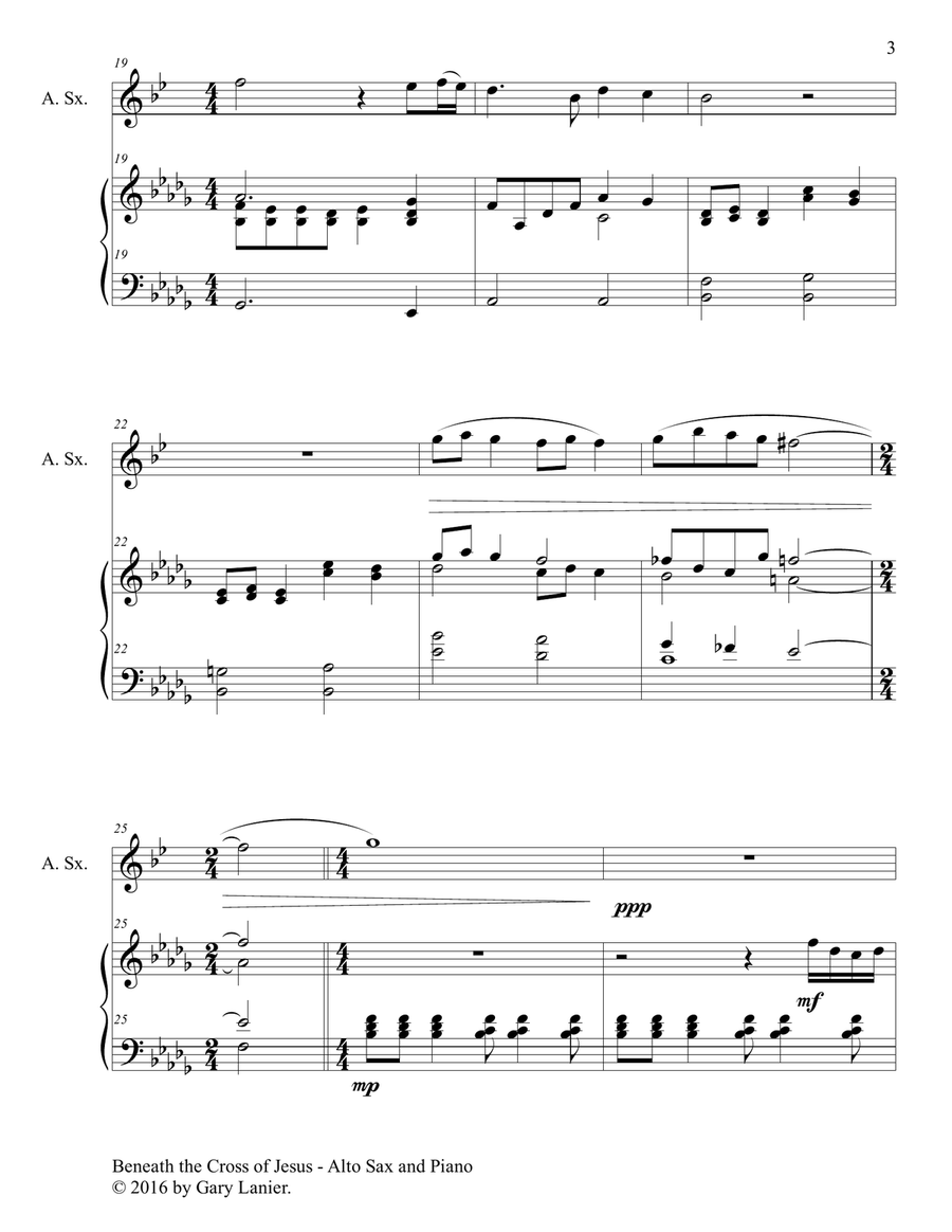 Gary Lanier: BENEATH THE CROSS OF JESUS (Duet – Alto Sax & Piano with Parts) Woodwind Duet scores gallery preview page 4
