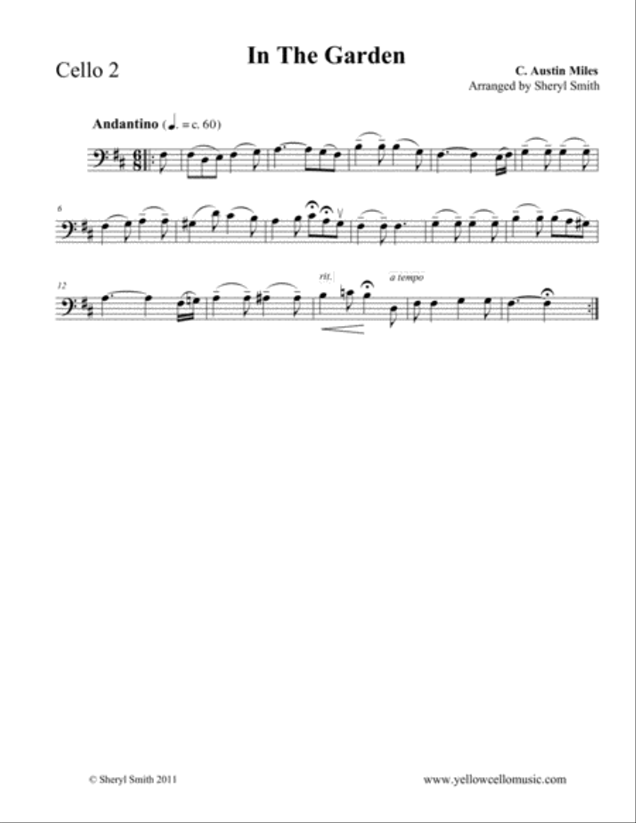 In The Garden, a traditional Christian hymn arranged for four intermediate cellists (cello quartet, Cello scores gallery preview page 3