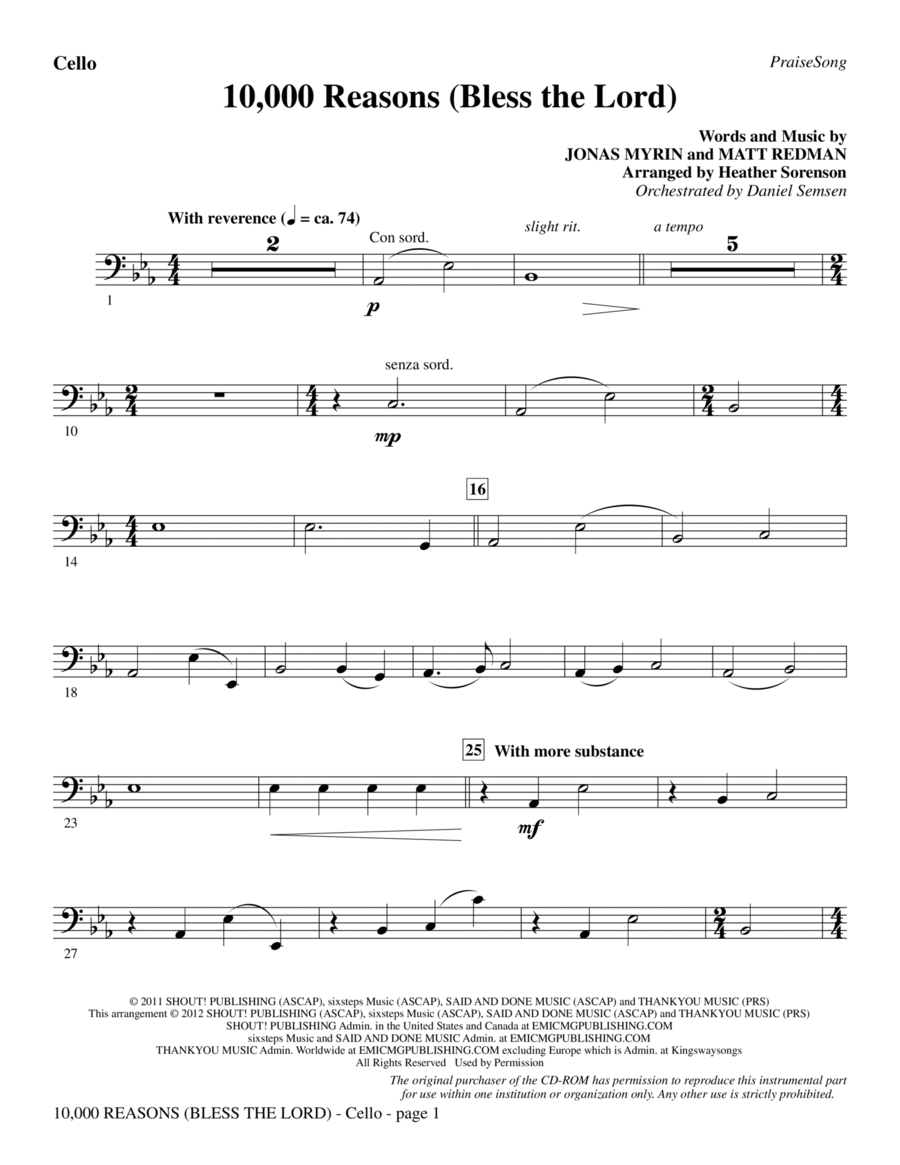 10,000 Reasons (Bless The Lord) - Cello Choir scores gallery preview page 1