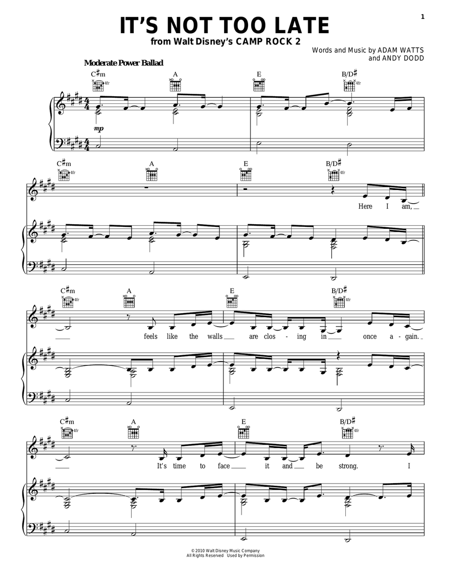 It's Not Too Late (from Camp Rock 2) Piano, Vocal, Guitar scores gallery preview page 1