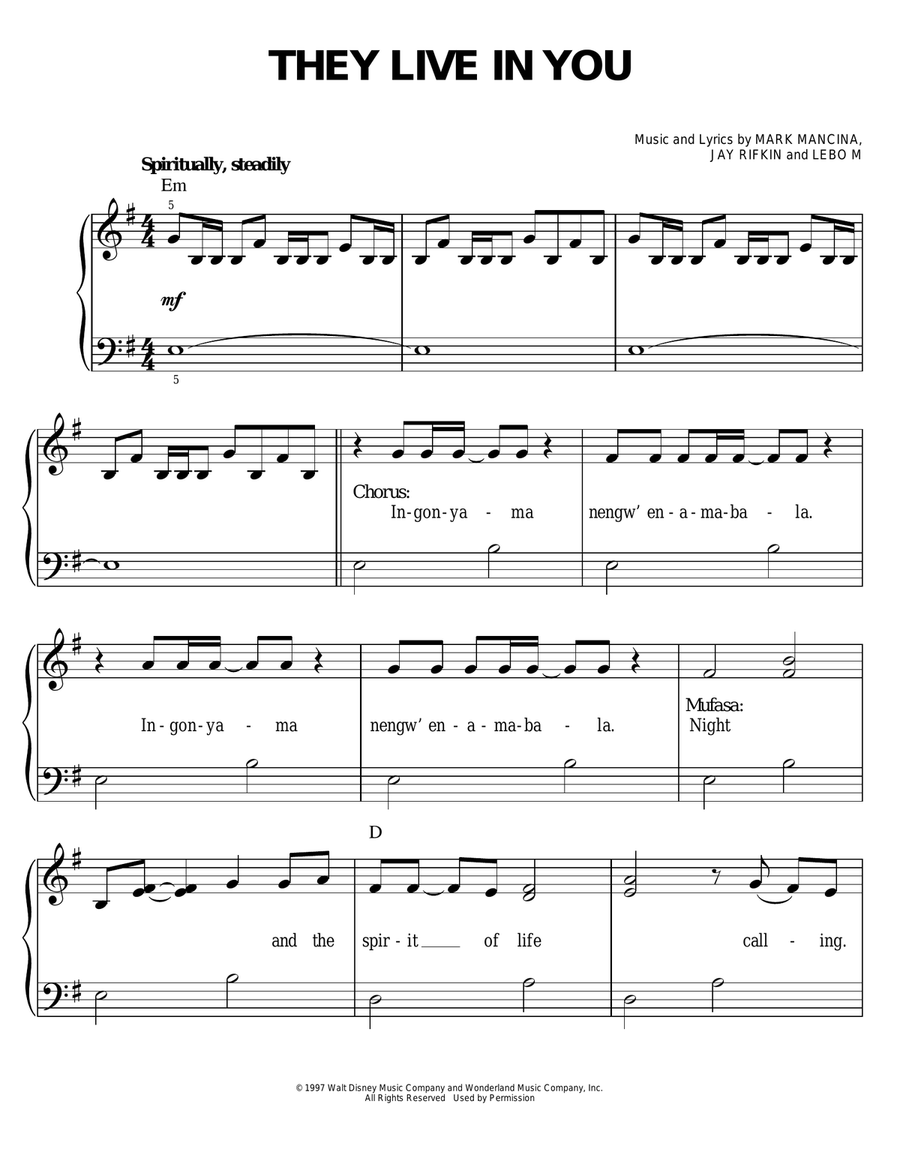 They Live In You (from The Lion King: Broadway Musical) Easy Piano scores gallery preview page 1