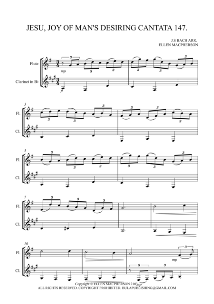 Jesu Joy of Man's Desiring from Cantata no.147 - FLUTE & CLARINET DUET Woodwind Duet scores gallery preview page 1
