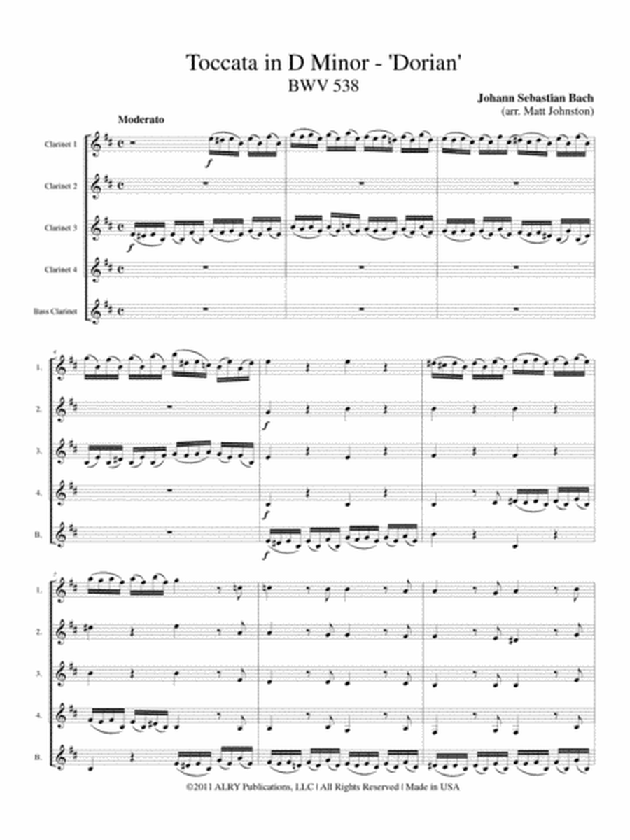 Toccata in D Minor — ’Dorian’ for Clarinet Quartet