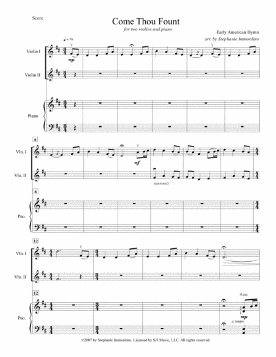 Come Thou Fount, for Two Violins and Piano (feat. Stephanie Immordino) Violin scores gallery preview page 2